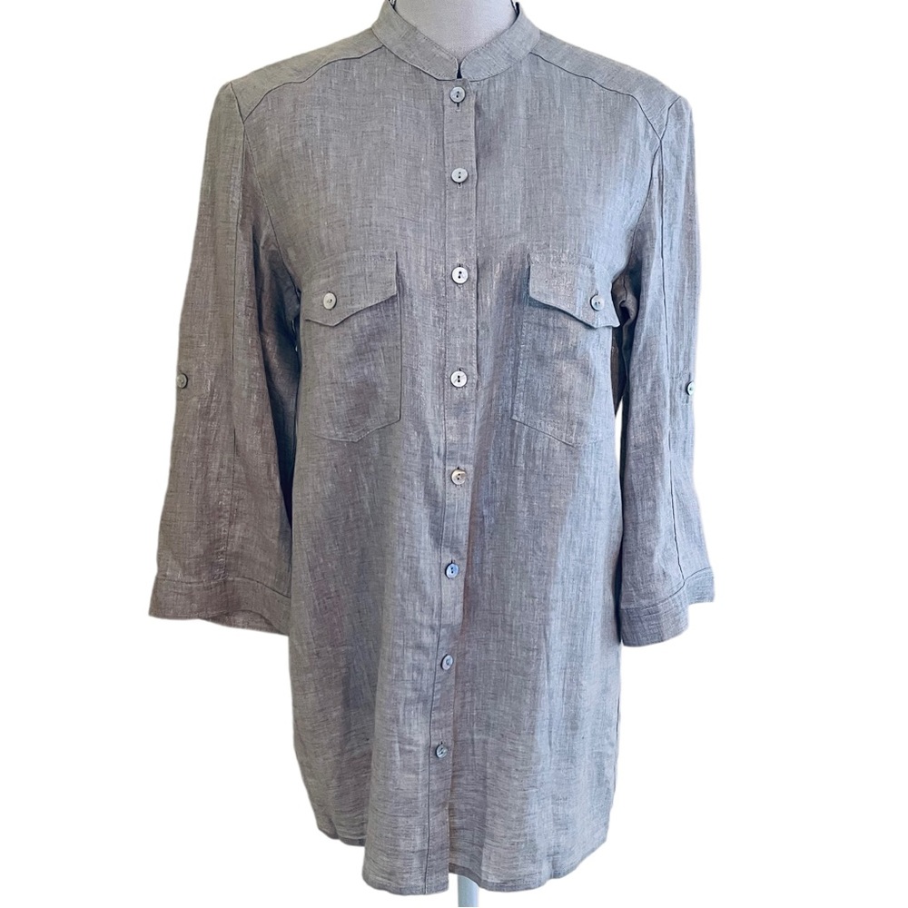Louben Light Tan/Shimmer Button Front Shirt with Convertible Sleeves 6